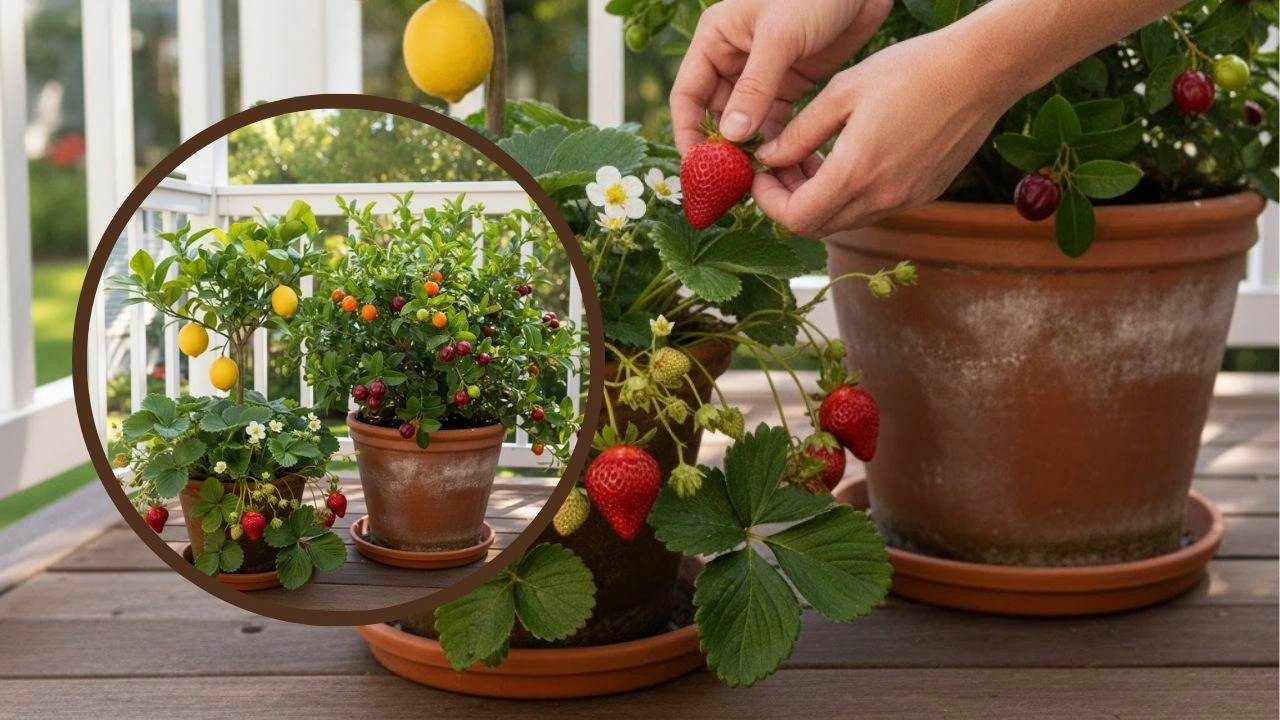 Mãos colhendo um morango entre frutíferas em vasos, com destaque para o conjunto do pomar.