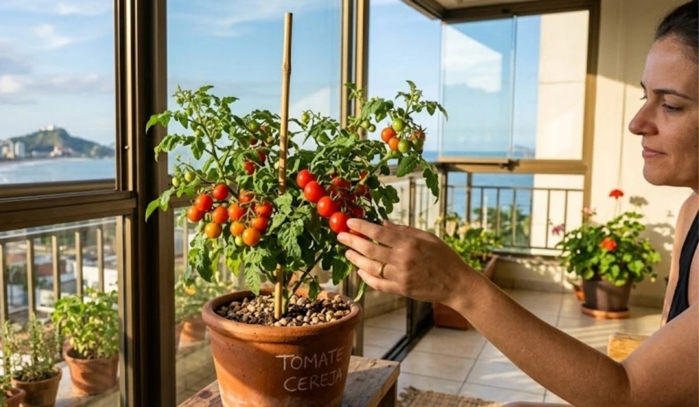 Mulher observando tomates em um vaso na varanda; imagem ilustrativa.