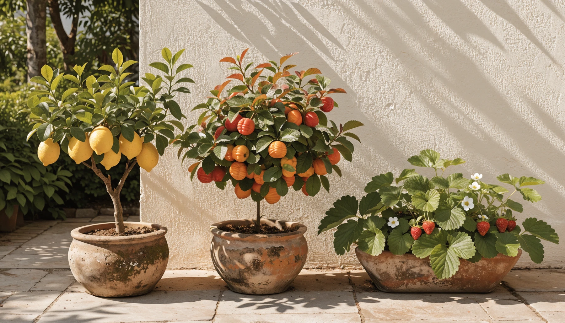 Ilustração de limão, pitanga e morango em recipientes separados, em um pátio ensolarado.